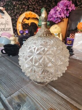 Cut Glass Diamond-Point with Ornate Finial, Rustic Glass Dome W/ Chip In Bottom